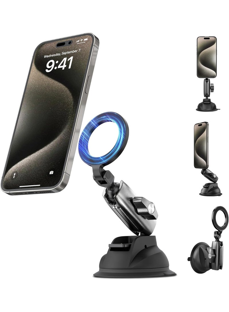 TELESIN°Magnetic Aluminum Suction Cup Car Phone Holder for Video Recording, 360° Adjustment Car Phone Mount Dashboard Phone Holder for Magsafe, Windshield Window Dash Vent Mount for iPhone Android - Image 1